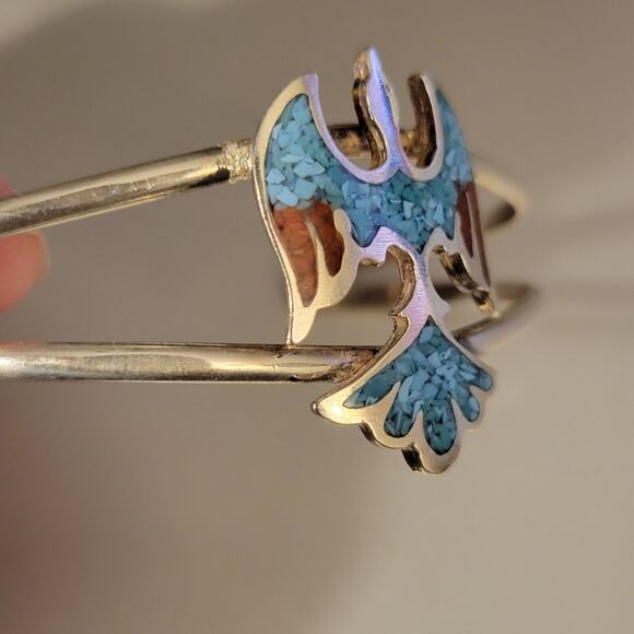 Native American Navajo Sterling Silver Handcrafted Bird Turquoise Inlaid Cuff - Picture 5 of 7